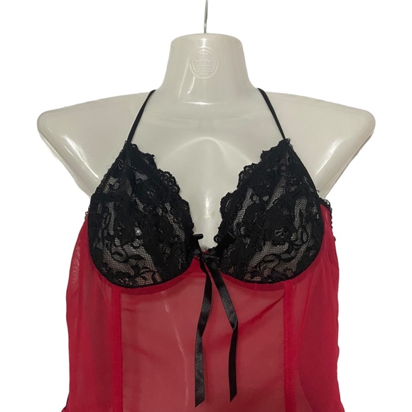 Sexy Vintage 90’s Red & Black Mesh Lace Corset Bustier Garter Straps Lingerie - Picture 2 of 14